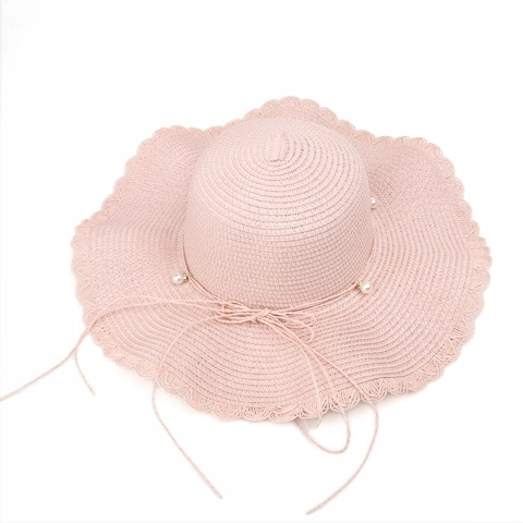 Women Straw Sun Hat Pearl Scalloped Brim Bow Knot Wide Brim Summer Beach Vacation Sweet Breathable Folding Sun Protection Hat