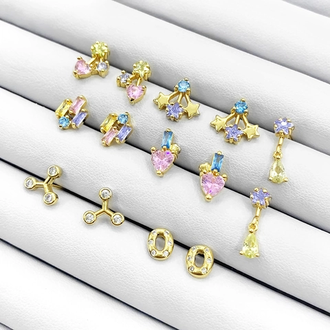 Geometric Brass Colorful Zirconia Stud Earrings For Women 18K Gold Plated Heart Star Geometric Jewelry Accessories