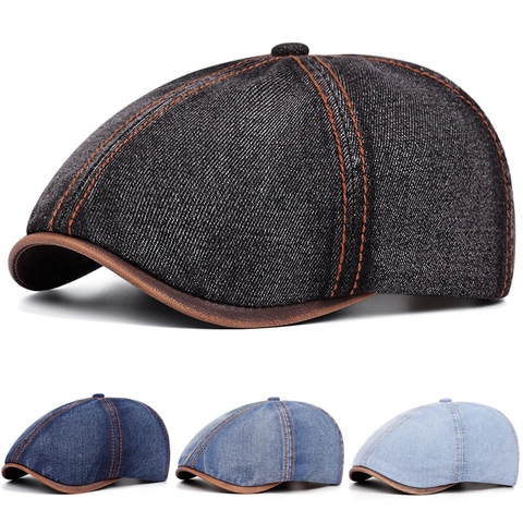 Gorra Newsboy Vintage Algodón Denim Lavado Sombrero Plano Con Borde De Cuero PU Ajustable Estilo Británico Retro