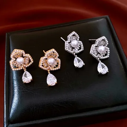 Bloem Kunstparel Druppel Oorbellen Met Zilveren Oorsteker Zirkoon Verguld Vintage Luxe Sieraden Voor Dames