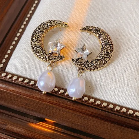 Pendientes Colgantes De Luna Y Estrella Vintage Con Perla Artificial De Aleación Diamantes De Imitación Y Poste De Plata