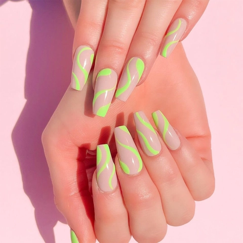 Faux Ongles Forme Cercueil Longue Plastique Brillant Motif Vagues Vert Néon Base Violette Manucure Amovible Mode Pour Femmes