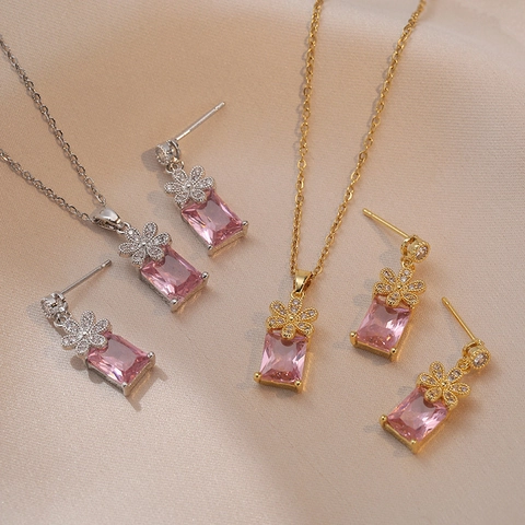 Titanium Steel Pink Zircon Rectangular Gemstone Flower Necklace And Earrings For Women Elegant Fashion Delicate Accessory