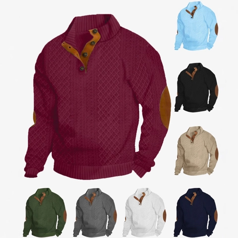 Men Knit Sweater Stand Collar Button Long Sleeve Jacquard Pullover With Elbow Patches Vintage Casual Outdoor Polyester