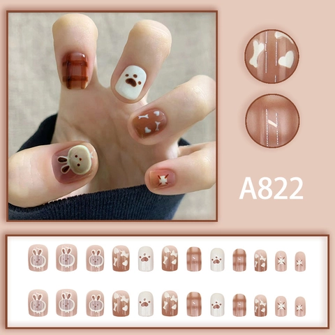 Süße Cartoon Kaninchen Press On Nägel Braun Weiß Karo Glänzende Kurze Falsche Nägel Mit Kleber Für Frauen Mädchen Kawaii Stil