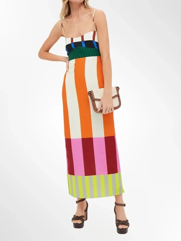 Women Maxi Dress Spaghetti Strap Patchwork Striped Side Slit Sexy Slim Fit Sleeveless Polyester Summer Beach Vacation