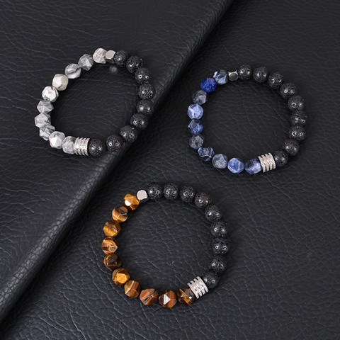 Pulsera De Cuentas De Piedra Natural Hombres Roca Volcánica Piedra De Mapa Facetada Ojo De Tigre Espaciadores De Acero Inoxidable