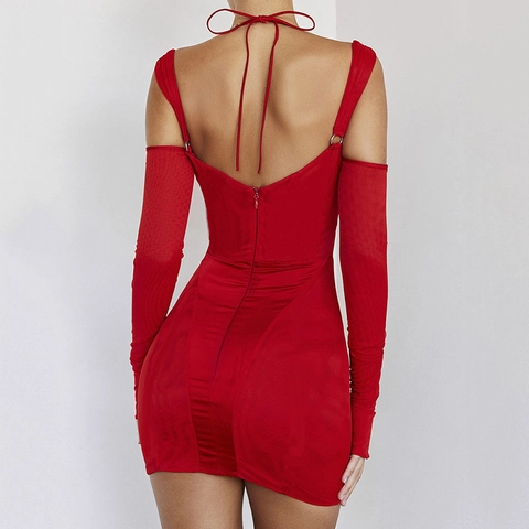 Sexy Halter Mini Jurk Mesh Patchwork Uitsparing Rugloos Corset Taille Afneembare Mouwen Party Clubwear Streetwear Dames