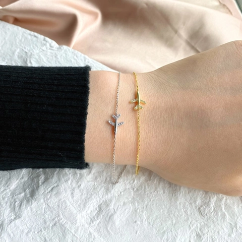 925 Sterling Silver Airplane Pendant Bracelet For Women Dainty Adjustable Zirconia Inlaid Chain Bracelet Minimalist Jewelry Gift