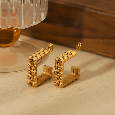 Vintage Geometric Square Stud Earrings 18K Gold Plated Stainless Steel Texture U Shape Fashion Jewelry For Women