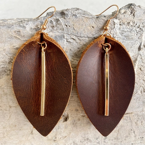 Leaf Drop Earrings Genuine Leather With Copper Hook Vintage Western Cowboy Style Geometric Metal Bar For Women