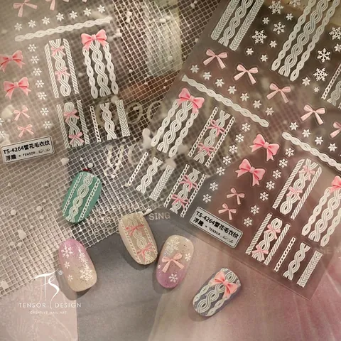Stickers Nail Art 5D Gaufrés Texture Pull Hiver Flocon De Neige Noeud Rose Autocollants Décor Manucure DIY