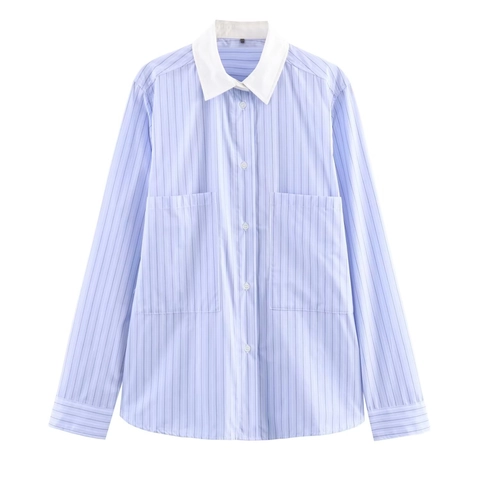 Blusa A Righe Colletto A Contrasto Due Tasche Maniche Lunghe Poliestere Popeline Per Donne