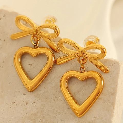 Western Fashion Vintage Gold Stainless Steel Heart Bow Star Dangle Earrings For Women Rhinestone Glass Bead Fashion Jewelry Gift