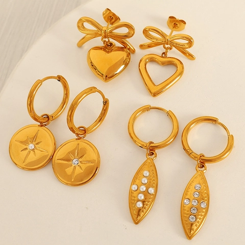 Western Fashion Vintage Gold Stainless Steel Heart Bow Star Dangle Earrings For Women Rhinestone Glass Bead Fashion Jewelry Gift