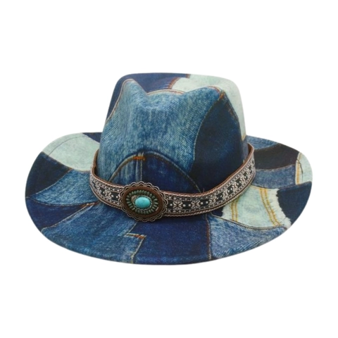 Western Cowboy Hat Denim Patchwork Wide Brim Fedora With Ethnic Ribbon Turquoise Decoration Retro Bohemian Sun Hat