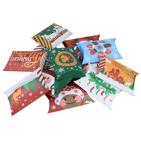 Christmas Pillow Gift Boxes Kraft Paper Candy Packaging Holiday Party Favors Santa Reindeer Snowman Patterns
