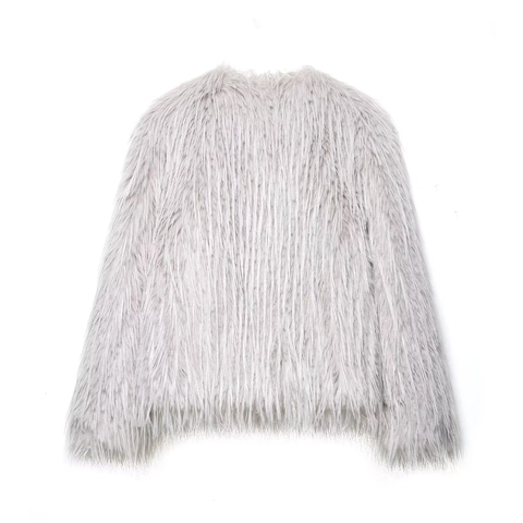 Women Faux Fur Coat Round Neck Long Sleeve Warm Winter Jacket Solid Color Elegant Outerwear Streetwear