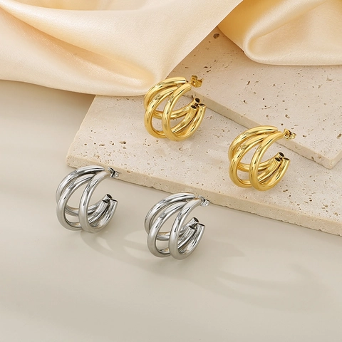 Pendientes De Aro De Triple Capa De Acero Inoxidable En Forma De C Tubo Hueco Joyería Geométrica Para Mujer