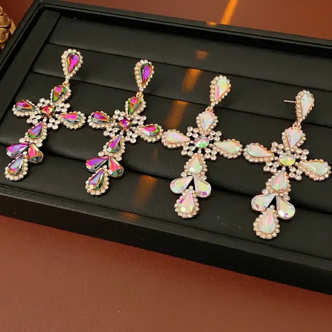 Pendientes Colgantes De Cruz Vintage Con Diamantes De Imitación De Colores Y Postes De Plata Joyería Barroca Para Mujer