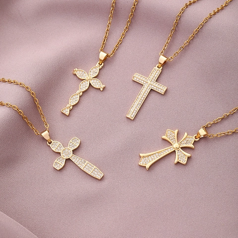 Collana Con Pendente A Croce Placcata Oro Rame Zircone Intarsiato Catena In Acciaio Inossidabile Gioielli Hip Hop Uomo