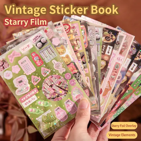 Retro Japanese Journaling Stickers Coated Paper Adhesive Star Film Vintage Dessert Food Illustration Aesthetic DIY Decor