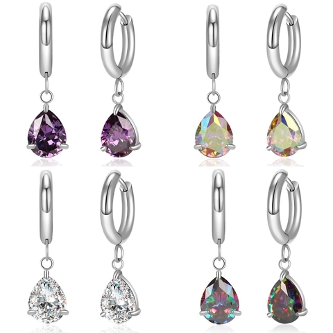 Teardrop Cubic Zirconia Drop Hoop Earrings Stainless Steel Pear Cut Gemstone Minimalist Dainty Jewelry For Women