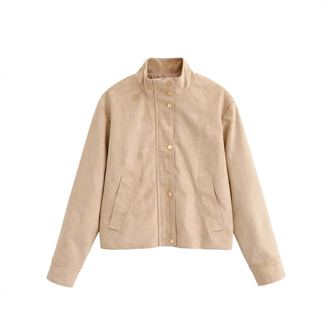 Women Short Suede Jacket Stand Collar Single Breasted Long Sleeve Casual Streetwear Outerwear Solid Color Spring