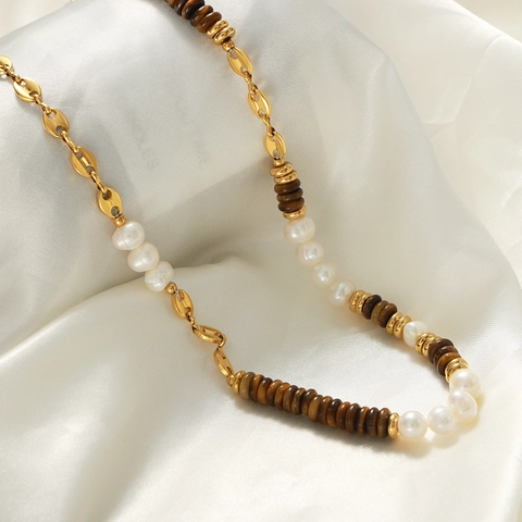 Collana E Bracciale Vintage In Acciaio Al Titanio Con Perle D'acqua Dolce E Occhio Di Tigre Catena Chicco Di Caffè Donna