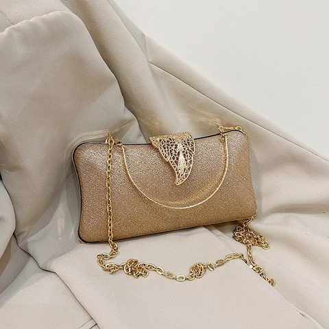 Women Evening Clutch Bag Glitter Sparkling Formal Party Wedding Handbag With Gold Leaf Clasp Round Handle Chain Strap