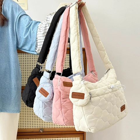 Sac À Épaule Matelassé En Nylon Puffer Avec Mini Pochette Ronde Sac Bandoulière Femmes Style Coréen Casual Cloud