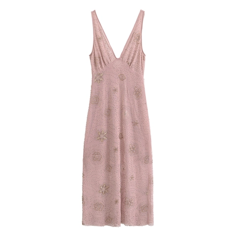 Damen V Ausschnitt Pailletten Mesh Midi Kleid Ärmellos Blumen Perlen Stickerei Party Abend Anlass Elegant Rosa
