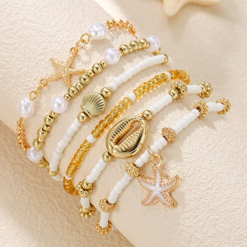 Bohemian Layered Bracelet Ocean Starfish Shell Pendants Resin Beads Faux Artificial Pearl Beach Vacation Jewelry For Women