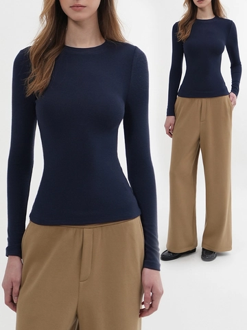 Women Long Sleeve T-Shirt Tight Fit Round Neck Ribbed Knit Viscose Spandex Modal Slimming Padded Shoulder Top Solid