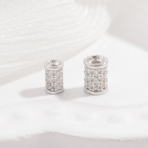 925 Sterling Silver Rhinestone Pave Cylinder Charm Beads For DIY Jewelry Making Bracelet Accessories Minimalist Tube Spacer Beads
