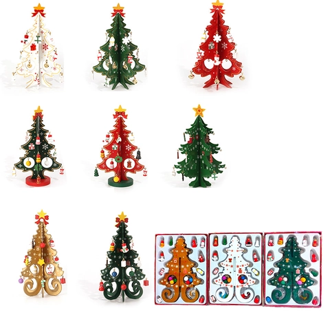 Wooden Mini Christmas Tree Desktop Ornament DIY Assembly Festive Table Decoration Small Painted Pendants Holiday Gift