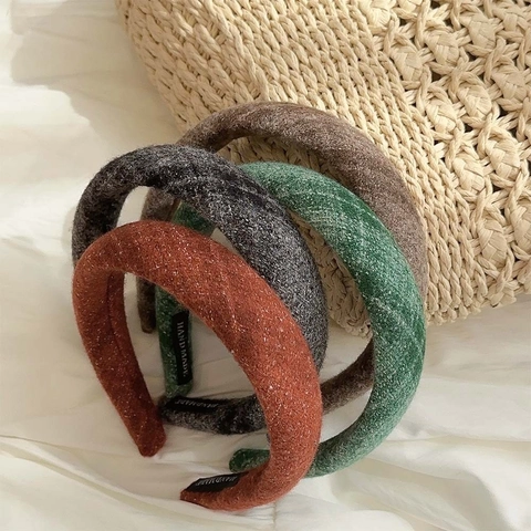 Solid Color Thickened Padded Headband Wide Woolen Fabric Textured Hair Band For Women Handmade Retro Style