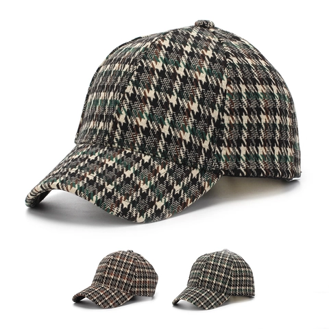 Casquette De Baseball Rétro Pied-De-Poule Polyester Tweed Ajustable Bord Incurvé Plaid Anglais Hiver Unisexe