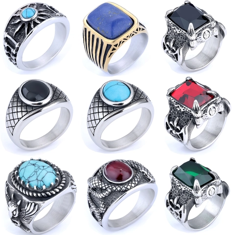 Vintage Stainless Steel Ring With Gemstone Punk Gothic Style Jewelry For Men And Women Bohemian Design Accessory