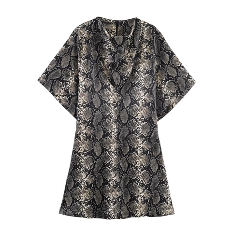 Snake Print Mini Dress Short Sleeve Polyester V Neck Back Zipper Elegant Summer Fashion Wild Animal Pattern