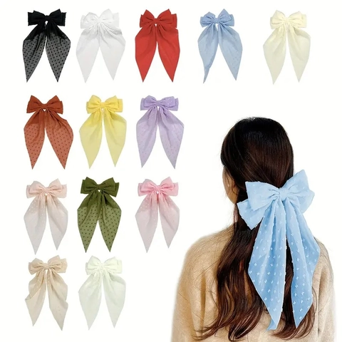 Grote Strik Haarclip Met Lange Linten Zwitserse Stip Chiffon Stof Zoete Franse Stijl Voor Dames