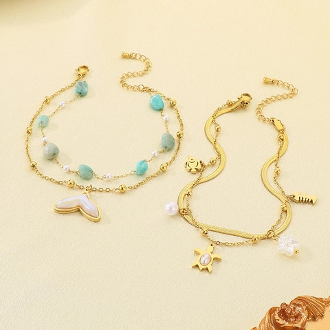 Layered Stainless Steel Starfish Sea Turtle Shell Pendant Anklet Summer Beach Turquoise Artificial Pearl Jewelry For Women