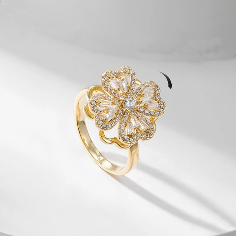 Rotating Spinner Ring Copper Cubic Zirconia Four Leaf Clover Flower Adjustable Dainty Jewelry For Women Gift