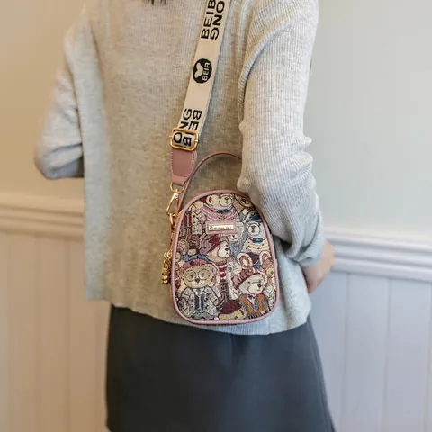 Mini Crossbody Bag Handbag Jacquard Fabric Cartoon Teddy Bear Pattern Multi Zipper Layers Wide Strap Fashion For Women