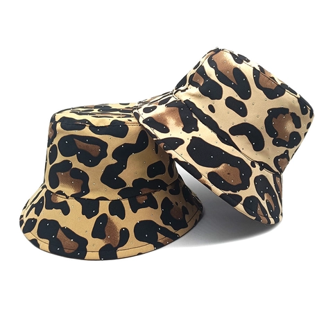 Luipaardprint Vissershoed Met Strass Polyester Zonbescherming Ademend Retro Mode Dames Heren
