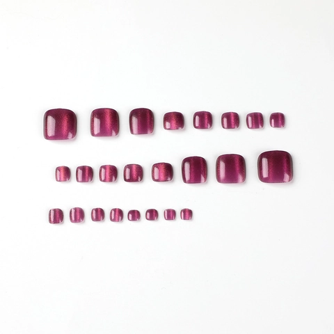 Wine Red Cat Eye Press On Toenails Shimmer Metallic Square Round Artificial False Nails For Women