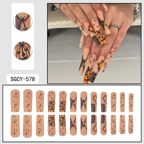 Halloween Künstliche Nägel Lange Eckige Coffin Form Kürbis Stern Stich Orange Schwarz Matt Falsche Nägel Für Damen