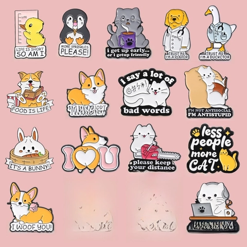 Cartoon Tier Emaille Pin Humorvolle Englische Wortspiel Abzeichen Süße Katze Corgi Ente Pinguin Legierung Brosche Für Rucksack Kleidung Deko Geschenk