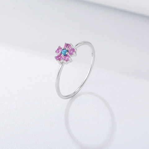 925 Sterling Silber Blumenring Mit Rosa Edelstein Und Türkiszentrum Minimalistischer Süßer Schmuck Für Damen