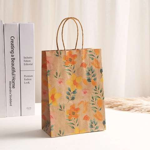 Bolsa de Regalo de Papel Kraft Pastoral Con Asas Patrón Floral Bolso de Mano para Fiesta Boda Dulces Embalaje Compras